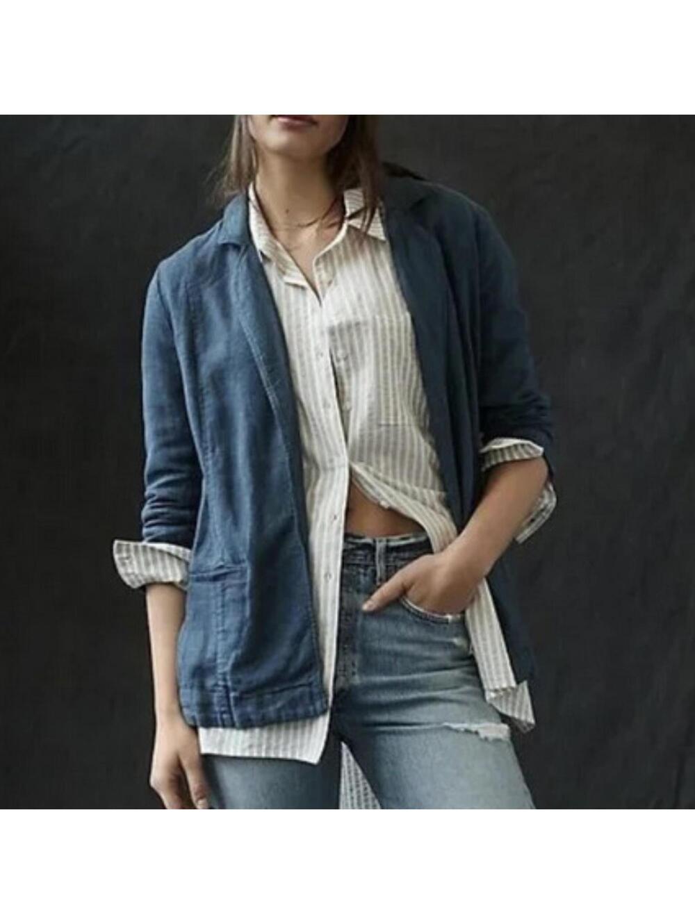 EUC Anthropologie Navy Asymmetric Linen Blazer size 8